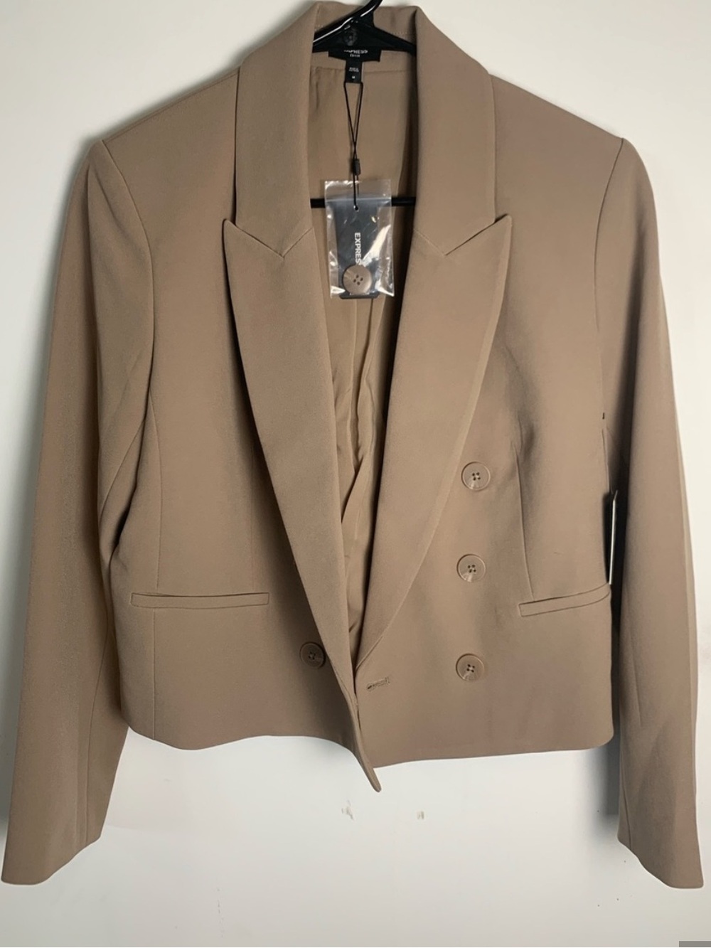 Express Cropped Double-Breasted Blazer Jacket in Taupe